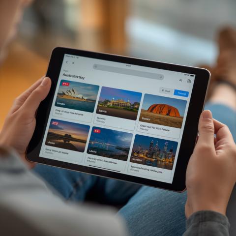 professional photo of Professional photo of traveller planning trip using AI assistant on tablet, AI powered search results showing Australian destinations like Sydney Opera House, Great Barrier Reef, Ulu (1)